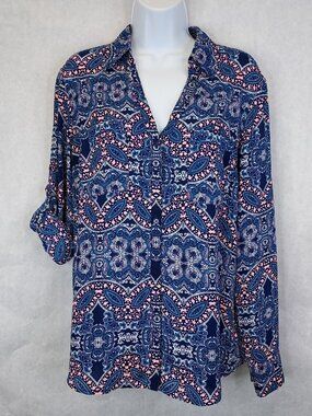 Express Portofino Button Up Camp Shirt Women L Paisley Blue Pocket Career Preppy